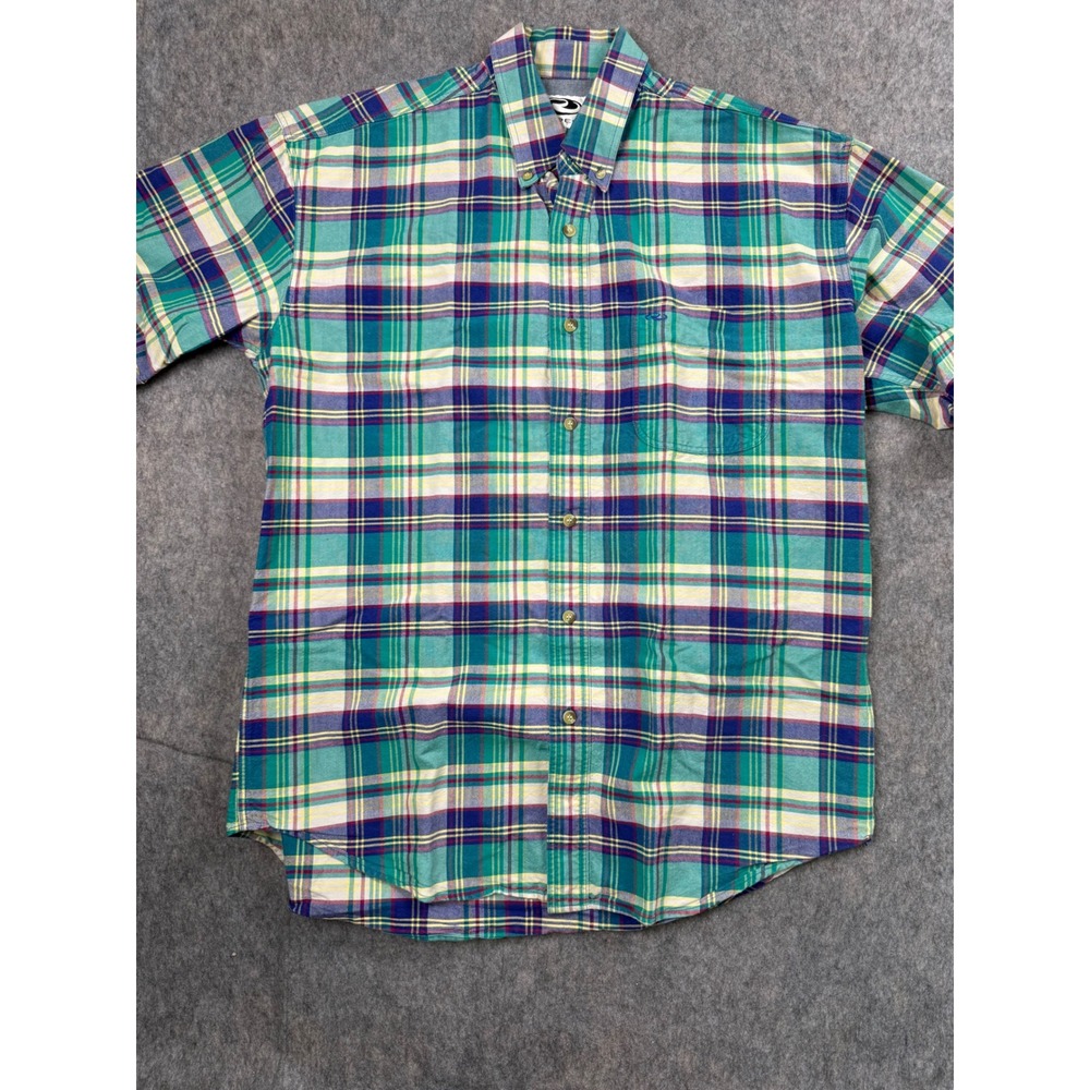 Roper Mens Plaid Short Sleeve Button Down Shirt Teal Purple Yellow Cotton Size M